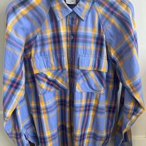 The North Face Light Blue Plaid Button-Down Shirt with Yellow and Pink Stripes